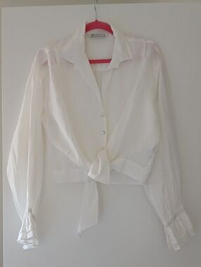 Zara White Tie-Front Sheer Button Blouse